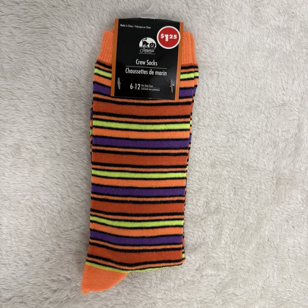 Halloween Crew Socks Size 6-12 Orange Black Purple Green Striped NWT